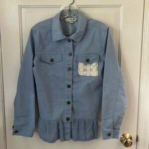Simply Noelle Womens Denim Jacket Ruffle Lace Back Light Blue Size S-M 8-10